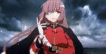  adjusting_clothes adjusting_gloves bandage_over_one_eye blurry blurry_background cloud cloudy_sky expressionless fate/grand_order fate_(series) florence_nightingale_(fate/grand_order) gloves highres jacket_on_shoulders nekoremon pink_hair red_eyes sky 
