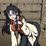  1girl black_hair blue_eyes book breasts commentary_request glasses josei_(kokochiyoihagotae) large_breasts long_hair long_skirt long_sleeves messy_hair necktie open_mouth read_or_die red_neckwear skirt smile solo stairs yomiko_readman 