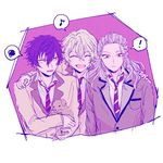  3boys :d ^_^ albino bangs_pinned_back blazer blonde_hair blue_eyes blue_hair boy_sandwich closed_eyes dog eighth_note ensemble_stars! group_hug hug jacket long_hair male_focus multiple_boys musical_note necktie open_mouth ponytail ran_nagisa red_eyes reimei_school_uniform sandwiched sazanami_jun school_uniform short_hair shuetsu_school_uniform silver_hair smile spoken_exclamation_mark spoken_musical_note spoken_squiggle squiggle tamakoo tomoe_hiyori wavy_hair yellow_eyes 