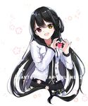  :d bangs black_hair black_skirt blush character_request copyright_name drawstring eyebrows_visible_through_hair floral_background frilled_skirt frills glowing head_tilt heart heart_hands heterochromia highres jacket jewelry kinatsu_ship long_hair long_sleeves looking_at_viewer miniskirt necklace open_clothes open_jacket open_mouth pendant phantasy_star phantasy_star_online_2 red_eyes skirt smile solo straight_hair tareme unbuttoned upper_body very_long_hair white_background white_jacket yellow_eyes zipper zipper_pull_tab 