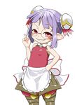  apron bad_id bad_pixiv_id blush double_bun elmelaura glasses granblue_fantasy hamahara_yoshio harvin highres pointy_ears purple_hair red_eyes simple_background solo teeth white_background 