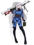  ammunition black_legwear blue_bodysuit bodysuit breasts bunny_hair_ornament choudan full_body girls_frontline grey_hair gun hair_ornament hair_over_one_eye highres holding holding_gun holding_weapon large_breasts long_hair looking_at_viewer medium_breasts over_shoulder pk_(girls_frontline) pouch solo standing very_long_hair weapon 