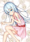  barefoot bed blue_eyes blue_hair blush closed_mouth eyebrows_visible_through_hair finger_to_mouth flower habu. hibiki_(kantai_collection) index_finger_raised kantai_collection long_hair looking_at_viewer lying on_side rose solo white_flower white_rose 