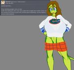  anthro big_breasts blue_eyes breasts brown_hair clothing female hair huge_breasts lizard reptile samantha_brooks sarcolopter scalie simple_background solo tongue 