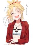  :d beltbra blonde_hair blush bra breasts closed_eyes commentary_request eyebrows_visible_through_hair facing_viewer fate/apocrypha fate_(series) hair_ornament hair_scrunchie happy head_tilt holding_stomach ica jacket jewelry laughing long_sleeves mordred_(fate) mordred_(fate)_(all) necklace open_clothes open_jacket open_mouth red_jacket red_scrunchie scrunchie short_hair simple_background small_breasts smile solo speech_bubble translation_request underwear upper_body white_background white_bra 