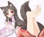  alternate_costume animal_ears barefoot brown_hair fang feet_up floral_print imaizumi_kagerou japanese_clothes kimono long_hair long_sleeves looking_back lying natsu_no_koucha on_stomach open_mouth red_eyes simple_background smile solo tail toe_scrunch touhou white_background wide_sleeves wolf_ears wolf_tail younger 
