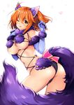  ;p alternate_costume animal_ears ass breasts claw_pose commentary_request cosplay dangerous_beast elbow_gloves eyes_visible_through_hair fate/grand_order fate_(series) fujimaru_ritsuka_(female) fur-trimmed_gloves fur-trimmed_legwear fur_collar fur_trim gloves hair_ornament hair_scrunchie halloween_costume highres lace lace-trimmed_thighhighs large_breasts mash_kyrielight mash_kyrielight_(cosplay) o-ring o-ring_top one_eye_closed orange_hair purple_gloves purple_legwear revealing_clothes ruri_rarako scrunchie short_hair simple_background tail thighhighs tongue tongue_out wolf_ears wolf_tail yellow_eyes 