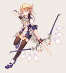  ankle_boots armor arrow bangs blue_footwear boots bow_(weapon) braid breastplate breasts brown_gloves brown_legwear closed_mouth diten drawing_bow earrings faulds full_body garter_straps gloves glowing glowing_arrow grey_background hair_between_eyes holding holding_bow_(weapon) holding_weapon jewelry leg_up long_hair looking_at_viewer medium_breasts original serious shiny shiny_hair simple_background single_braid sleeve_cuffs sleeves_past_elbows solo uniform v-shaped_eyebrows weapon 