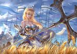  armor bare_shoulders bird blonde_hair blue_eyes blue_sky breasts character_request cleavage collarbone copyright_request day earrings feathers flag full_armor gauntlets god_hunter helmet highres holding holding_weapon jewelry knight long_hair looking_at_viewer medium_breasts outdoors polearm seagull shield sky solo_focus standing weapon wheat wheat_field white_feathers 