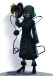  alternate_costume buttons coat full_body glowing glowing_eyes green_eyes green_hair hashiro hat hat_removed hat_ribbon headwear_removed high_heels holding holding_hat komeiji_koishi long_sleeves looking_at_viewer ribbon shadow shoes solo standing third_eye touhou white_background yellow_ribbon 