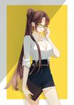  adjusting_eyewear amu_(adslli0709) artist_name bag bangs belt black_shorts breasts brown-framed_eyewear brown_hair cleavage contemporary dated handbag highres jewelry large_breasts long_hair looking_at_viewer nail_polish necklace onmyoji parted_bangs pink_lips ponytail shorts smile solo sunglasses very_long_hair yellow_background yellow_eyes yellow_nails youtouhime 