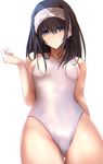  bangs bare_shoulders black_hair blue_eyes blush breasts collarbone commentary_request eyes_visible_through_hair hairband hand_up highres hips idolmaster idolmaster_cinderella_girls long_hair medium_breasts one-piece_swimsuit parted_lips rikudou_inuhiko sagisawa_fumika solo swimsuit white_swimsuit 