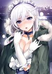  :o azur_lane backlighting bangs belfast_(azur_lane) blush braid breasts chain cityscape cleavage coat collar collarbone commentary_request elbow_gloves eyebrows_visible_through_hair french_braid frilled_gloves frills fur-trimmed_coat fur_collar fur_trim gloves green_coat head_tilt large_breasts long_hair looking_at_viewer maid_headdress nose_blush ogino_atsuki open_clothes open_coat open_mouth purple_eyes solo white_gloves white_hair x_arms 