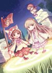  2girls :d animal_hood bandana blonde_hair braid brown_eyes brown_hair cat_hood crossed_legs dress dutch_angle flag frilled_dress frills grass hair_ornament hirary hood juju_coo_shnamur kukuri long_sleeves magic_circle mahoujin_guruguru multiple_girls night night_sky nike_(mahoujin_guruguru) open_mouth outdoors pink_dress red_footwear red_skirt sitting skirt sky smile socks standing twin_braids white_legwear 