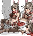  1girl :&gt;= animal_ears bare_shoulders brown_eyes brown_hair dragalia_lost fellatio gloves gloves_removed highres masturbation midriff navel oral p_(tidoriashi) penis pubic_hair renelle saliva scarf short_shorts shorts simple_background steam sweat thighhighs white_background 