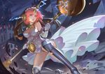  absurdres bare_shoulders breasts castle cleavage dress fang fate/apocrypha fate_(series) frankenstein's_monster_(fate) gloves god_hunter grey_legwear heterochromia highres holding holding_weapon lightning medium_breasts night open_mouth outdoors pink_hair polearm short_hair solo standing weapon white_dress white_gloves 