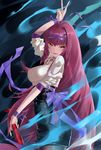  absurdres alternate_costume blbc2 breasts fate/grand_order fate_(series) gae_bolg hair_between_eyes highres holding holding_weapon lance large_breasts long_hair looking_at_viewer open_mouth polearm purple_hair red_eyes scathach_(fate)_(all) scathach_(fate/grand_order) smile solo v very_long_hair weapon 