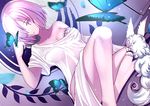 :o absurdres bangs bare_legs bare_shoulders bra bra_peek breasts bug butterfly butterfly_on_hand cleavage collarbone creature dress dutch_angle fate/grand_order fate_(series) feet_out_of_frame fou_(fate/grand_order) frilled_bra frills hair_over_one_eye highres indoors insect looking_at_viewer mash_kyrielight medium_breasts off_shoulder on_floor paperfinger parted_lips petals pink_hair purple_eyes short_hair sitting solo sparkle underwear white_bra white_dress 
