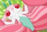  2018 arthropod blush digital_media_(artwork) egging_(artist) female feral insect looking_at_viewer low-angle_view lurantis nintendo open_mouth pok&eacute;mon pok&eacute;mon_(species) pussy red_eyes simple_background solo video_games 