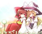  ^_^ ascot back-to-back blonde_hair blush bow braid breasts brown_eyes brown_hair closed_eyes collared_shirt commentary couple dandelion detached_sleeves dress flower hair_bow hair_tubes hakurei_reimu happy ii_fuufu_no_hi jewelry juliet_sleeves kirisame_marisa large_bow long_skirt long_sleeves medium_breasts mochi547 multiple_girls puffy_sleeves ring shared_hat shirt side-by-side side_braid single_braid sitting skirt smile touhou wedding_ring wide_sleeves wife_and_wife yellow_neckwear yuri 