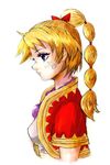  blonde_hair blue_eyes breasts chrono_cross commentary_request facial_mark graphite_(medium) high_ponytail jewelry kid_(chrono_cross) long_hair midriff multi-tied_hair necklace ponytail rabihiko solo traditional_media vest 