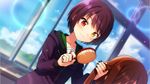  1girl anzu_(ensemble_stars!) anzu_(ensemble_stars!)_(cosplay) black_hair brown_hair cosplay crossdressing ensemble_girls! ensemble_girls_(artist) game_cg heterochromia kuromori_suzu long_hair official_art protagonist_(ensemble_girls!) school_uniform serafuku short_hair smile wig 