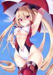  adapted_costume angry arm_behind_head arm_up armpits asake_ameji azur_lane bandeau bangs bare_shoulders black_legwear black_ribbon blonde_hair blue_sky blush breasts checkered checkered_legwear clenched_teeth cloud commentary_request cowboy_shot day drill_hair eyebrows_visible_through_hair grey_legwear groin hair_between_eyes hair_ribbon high_collar highleg highleg_leotard highres hips holding holding_umbrella leotard long_hair looking_at_viewer medium_breasts multicolored_leotard navel nelson_(azur_lane) outdoors over_shoulder parted_bangs pink_eyes race_queen red_legwear red_leotard ribbon sky solo standing stomach sweatdrop taut_clothes teeth thighhighs thighs twin_drills twintails umbrella underboob underboob_cutout v-shaped_eyebrows very_long_hair white_leotard wrist_cuffs 