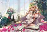  absurdres ahoge alcohol arm_support bangs blonde_hair blurry bottle bouquet breasts bridal_veil bug butterfly chain cleavage cup curtains day depth_of_field detached_collar detached_sleeves drinking_glass fate/extra fate/extra_ccc fate/grand_order fate_(series) flower full-length_zipper gloves green_eyes hair_intakes head_wreath highres indoors insect kirbyheimi large_breasts leotard lock long_hair looking_at_viewer nero_claudius_(bride)_(fate) nero_claudius_(fate)_(all) petals pink_flower pink_rose plant recording rose rose_petals sitting smile solo thighhighs unzipped vase veil viewfinder white_flower white_gloves white_legwear white_leotard white_rose white_sleeves window wine wine_bottle wine_glass wreath yokozuwari zipper zipper_legwear 