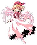  alphes_(style) bangs black_vest blonde_hair bow bowtie closed_mouth dairi eyebrows eyebrows_visible_through_hair feathered_wings feathers full_body gengetsu hair_between_eyes hair_bow long_sleeves parody red_bow red_neckwear shirt short_hair skirt skirt_set smile socks solo style_parody tareme touhou touhou_(pc-98) transparent_background vest white_footwear white_shirt white_skirt white_wings wings yellow_eyes 