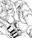  1girl after_anal animal_ears armpits arms_up breasts breasts_outside cum cum_in_ass dragalia_lost drooling greaves highres lying monochrome nipples on_back p_(tidoriashi) penis pubic_hair pussy renelle sketch 