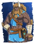  abs beard biceps blue_eyes breath_of_the_wild brown_body ear_piercing facial_hair hair horn link long_hair lynel male mane muscular nintendo nukde pecs piercing sheikah_slate solo the_legend_of_zelda video_games 