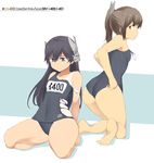  ass barefoot black_eyes black_hair black_swimsuit brown_eyes brown_hair character_name from_behind hair_ornament hairclip headgear i-400_(kantai_collection) i-401_(kantai_collection) kantai_collection long_hair looking_back multiple_girls name_tag one-piece_swimsuit one-piece_tan open_mouth ponytail school_swimsuit short_hair short_ponytail sitting souji swimsuit tan tanline torn_clothes wariza 