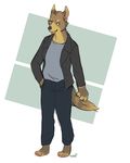 2017 anthro biped brown_fur canine cigarette clothing coat coyote digital_media_(artwork) fur green_eyes jacket jeans male mammal mtd_(dudeman147) pants porkpuppy shirt simple_background solo standing tongue tongue_out 