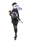  absurdres ammunition aqua_eyes assault_rifle black_footwear black_hat black_pants blue_hair facial_mark full_body girls_frontline gloves gun hair_ornament hat heckler_&amp;_koch highres hk416 hk416_(girls_frontline) holding holding_gun holding_weapon holster knife long_hair looking_at_viewer pants pouch rifle shoes shunwon_suwon solo standing weapon white_gloves x_hair_ornament 