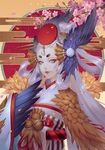  bell black_feathers eyeshadow facepaint feathers hair_rings head_wings headgear japanese_clothes jingle_bell kimono lavender_eyes lipstick long_hair looking_at_viewer makeup obi onmyoji red_lipstick rororei sash short_eyebrows ubume_(onmyoji) upper_body very_long_hair white_hair white_kimono winged_arms wings 