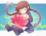  black_footwear black_robe blue_background blush boots bow braid brown_hair closed_eyes full_body heart holding_heart kiyu_mashi kukuri long_hair mahoujin_guruguru red_bow simple_background sitting solo twin_braids 