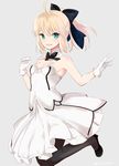  :d ahoge armpits artoria_pendragon_(all) bare_shoulders black_footwear black_legwear black_neckwear blonde_hair blush bow bowtie breasts commentary_request detached_collar dress eyebrows_visible_through_hair fate/grand_order fate_(series) gloves green_eyes grey_background hair_between_eyes hands_up ica looking_at_viewer open_mouth pantyhose saber_lily simple_background small_breasts smile solo standing standing_on_one_leg white_dress white_gloves 