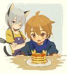  animal_ears apron blue_eyes blush brown_eyes brown_hair butter cat_ears cat_tail catboy food forked_eyebrows great_kichi ledo_vassar male_focus multiple_boys open_mouth pancake pop-up_story selim_spark silver_hair sparkle spatula stack_of_pancakes syrup tail 