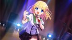  blonde_hair blue_eyes braid ensemble_girls! ensemble_girls_(artist) game_cg highres kimisaki_school_uniform microphone official_art plaid plaid_skirt school_uniform serafuku short_hair skirt smile solo sone_seira 