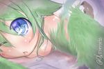  1girl blue_eyes breasts clo close-up female green_hair harpy lying monster_girl on_stomach one_eye_closed open_mouth original small_breasts solo twitter_username 