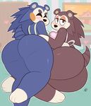  2018 animal_crossing apron bed big_butt blush breast_squish breasts butt clothing duo female freckles hedgehog huge_butt kilinah looking_back lying mabel_able mammal naked_apron nintendo on_side sable_able short_stack thick_thighs video_games wide_hips 