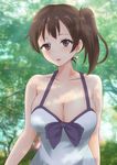  alternate_costume bangs bare_shoulders blush bow breasts brown_eyes brown_hair casual cleavage collarbone commentary_request dress earrings highres jewelry kaga_(kantai_collection) kamikitayotsuba kantai_collection large_breasts leaf looking_at_viewer open_mouth short_hair side_ponytail solo sundress tree upper_body 