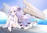  azur_lane blush doll_hug dress full_body hair_bun highres long_hair looking_at_viewer nipeira object_hug purple_eyes purple_hair side_bun smile solo stuffed_pegasus stuffed_unicorn thighhighs unicorn_(azur_lane) white_dress white_legwear 