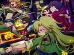  annie_(saga_frontier) blonde_hair breasts brown_hair cleavage commentary_request em_crazy emilia_(saga_frontier) groin katana liza_(saga_frontier) long_hair multiple_girls purple_hair roufas saga saga_frontier short_hair sickle smile sword weapon 