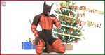  2017 3d_(artwork) 5_fingers anthro anubis azentaru_(r-a-s-p) balls black_skin border candy candy_cane canine christmas christmas_present christmas_tree deity digital_media_(artwork) english_text food front_view half-erect hi_res holidays humanoid_penis jackal kneeling licking looking_at_viewer male mammal merry_christmas mostly_nude navel open_mouth penis r-a-s-p_(artist) simple_background solo text tongue tongue_out tree url white_background yellow_eyes 