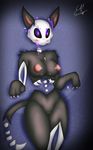  2018 3_fingers absurd_res anthro areola big_breasts black_fur blush bone breasts cat clitoris cross digital_media_(artwork) e-01 feline female fur glowing glowing_eyes hi_res jewelry looking_at_viewer magic mammal melanie_(dashia) necklace nipples nude pink_nipples pink_pussy purple_eyes pussy simple_background smile solo undead 