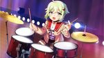  choker drum drum_set drumsticks ensemble_girls! ensemble_girls_(artist) fujii_shizuku game_cg green_eyes green_hair highres instrument kimisaki_school_uniform official_art plaid plaid_skirt school_uniform serafuku short_hair skirt smile solo sweater 