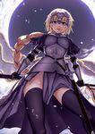  :d armor armored_dress blonde_hair blue_eyes braid breasts capelet enchuu fate/apocrypha fate_(series) flagpole gauntlets headpiece highres jeanne_d'arc_(fate) jeanne_d'arc_(fate)_(all) large_breasts light_blush long_hair looking_at_viewer looking_down open_mouth scabbard sheath single_braid smile solo sword thighhighs very_long_hair weapon 