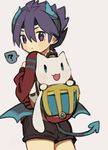  ? backpack bag blue_hair blush demon_boy demon_tail demon_wings from_behind great_kichi horns looking_at_viewer looking_back male_focus mini_wings pointy_ears pop-up_story purple_eyes short_shorts shorts solo tail white_background wings ziz_glover 