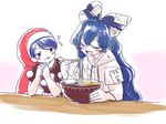  :d antinomy_of_common_flowers blue_hair bowl bracelet chopsticks debt doremy_sweet dress food hat hood hoodie itatatata jewelry long_hair multiple_girls nightcap noodles open_mouth pom_pom_(clothes) ramen red_hat short_sleeves smile tongue touhou very_long_hair yorigami_shion 